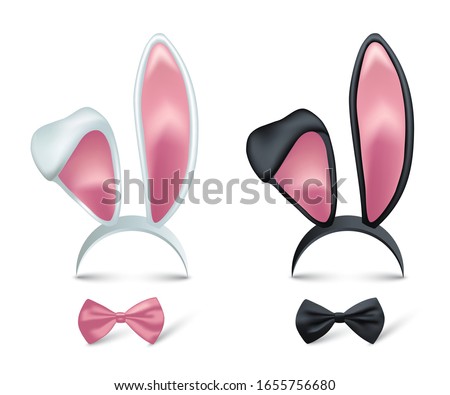 Rabbit ears and bows realistic 3d vector illustrations set. Easter bunny kid headband, mask collection. Hare costume pink cartoon element. Photo editor, booth, video chat app color isolated cliparts