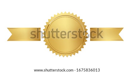 Golden stamp with horizontal ribbons isolated on white background. Luxury seal. Vector design element