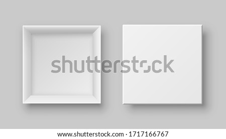Realistic open empty gift box two view. Paper square cardboard white container mockup. Blank package model for wrapped product, present, surprise delivery. Object isolated on grey background