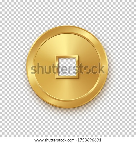 Shiny glowing realistic vector golden money coin china isolated on white background pattern. Magic gold oriental currency symbol object bringing wealth, fortune, prosperity, luck and treasure