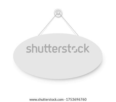 Realistic empty blank signboard white oval hanged on suction cup. Round shape sign frame template hanging on wall. Price tag mockup. Advertisement, promotion isolated on white background Photo stock © 