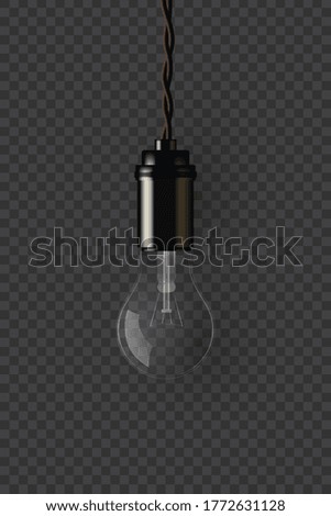 Vintage extinguished lamp holding on wire on dark transparent background. Vector isolated design element