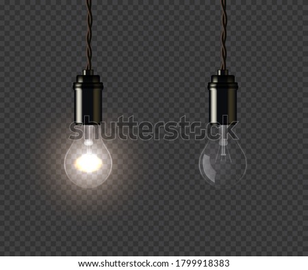 Vintage glowing and extinguished lamps holding on wire on dark transparent background. Vector isolated design element