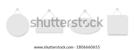 Realistic empty blank white signboards hanged on suction cup. Circle, rectangle, oval and square frame templates hanging on wall. Price tags mockup. Advertisement, promotion isolated on white Photo stock © 
