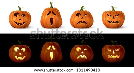 Halloween carved spooky pumpkin set. Isolated smiling, cute, funny, happy, scary, creepy faces. October holiday decoration vector illustration. Glowing with light or lantern objects.
