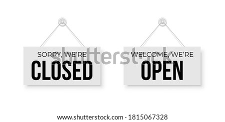 Closed and open white signboards hanged on suction cup. Rectangular shape clipboard for retail, shop, store, cafe, bar, restaurant. Announcement template with opportunity to visit on white background Photo stock © 