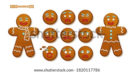Gingerbread man cookies with different emotions set. Christmas holiday candy decoration vector illustration. Happy, cheerful, cute, sad, angry, funny faces. Traditional sweet xmas ginger biscuits.