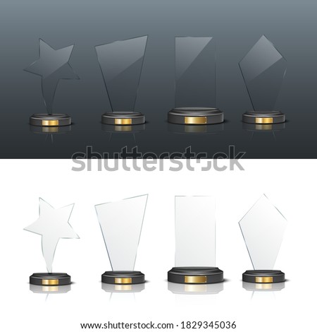 Award trophy set. Star and rectangle shaped glass prize statues on white and black background. Champion glory in competition vector illustration. Hollywood fame in film or championship in sport.