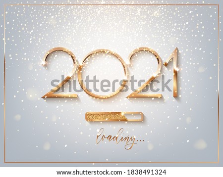 New Year golden loading bar vector illustration. 2021 Year progress with lettering. Party countdown, download screen. Invitation card, banner. Event, holiday expectation. Sparkling glitter background