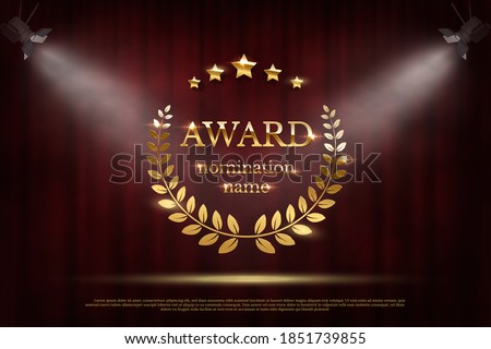 Award nomination emblem, stage in spotlight with red curtain background. Movie award ceremony opening, celebration event, announcement vector illustration. Film theatre scene.