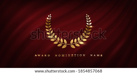 Award ceremonyposter template. Golden laurel wreath isolated on red wavy curtain background. Vector awarding banner design