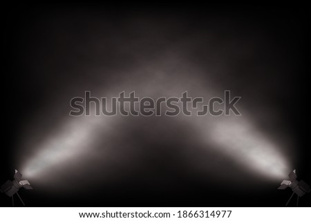 White fog spotlight coming from bottom corners on black background. Light fom projectors lighting scene or stage. Interior fashion design vector illustration. Empty minimal lighting.