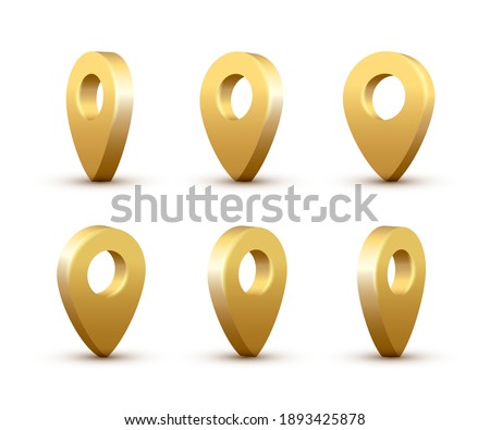 Shiny golden realistic map pins set. Vector 3d gold pointers isolated on white background. Location symbols in various angles.
