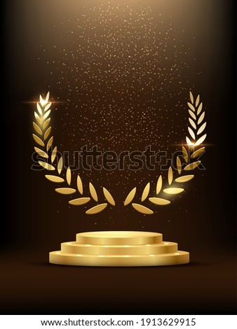 Golden podium with laurel glowing. Gold stage with glitter and light fog on dark background. Hollywood fame in film and cinema or championship in sport vector illustration.