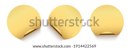 Gold glued round stickers with golden back side curling set. 3d circular shaped blank paper labels vector illustration. Badges with shining peel effect.