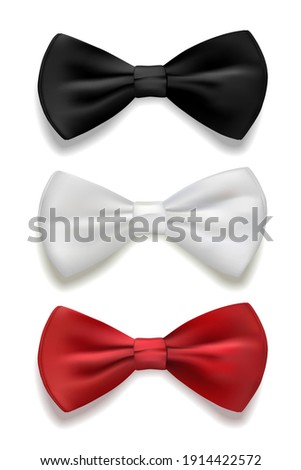 Black, white and red bow tie set. Classic silk or satin neckties vector illustration. Realistic gentleman formal luxury fashion element of costume for ceremony, wedding or party.