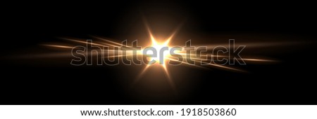 Gold light glow on black horizontal background. Golden bright spark shining vector illustration. Flash of light with ray beams in space. Sunshine sparkles and lines effects.