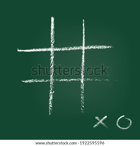Empty cross zero game template handdrawn on green blackboard. XO handwritten sign on low corner. Tic-tac-toe competition. Chalk graffiti on board design. Entertainment and recreation. Grunge design Photo stock © 