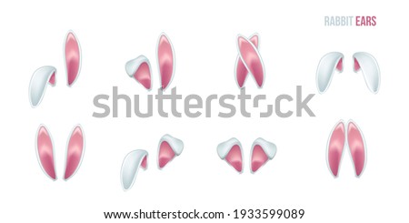 Rabbit ears realistic 3d vector illustrations set. Easter bunny ears kid headband, mask collection. Hare costume pink cartoon element. Photo editor, booth, video chat app color isolated cliparts