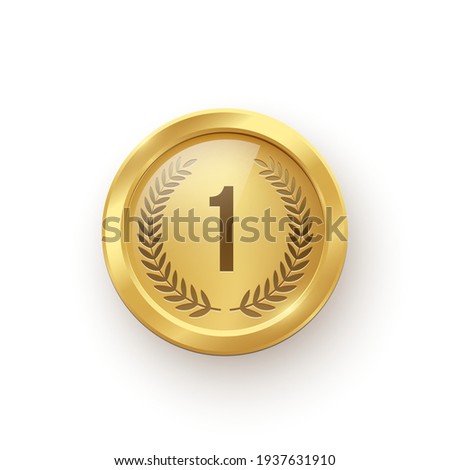 Gold medal. Champion trophy award with number and laurel vector illustration. Prize in sport for winning first place in competition on white background.