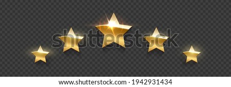 Five golden award stars on transparent background. Gold prize elements. Champion glory in competition vector illustration. Hollywood fame in film and cinema or championship in sport.