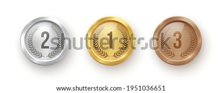 Gold, silver, bronze medal set. Champion trophy awards with numbers and laurel vector illustration. Prize in sport for winning first, second, third place in competition on white background.