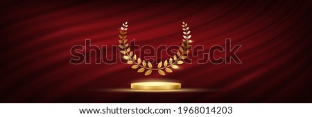 Golden podium for first place with laurel wreath. Gold rank on stage on red curtain background. Championship in sport or movie victory in competition vector illustration. Foto d'archivio © 
