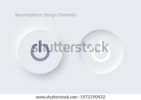 Editable neumorphism on off round shape power button set. Circle objects for website, mobile menu, navigation and application. Realistic vector design. UI component isolated on white background