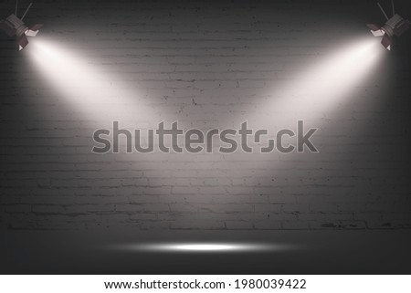 Grey brick wall with spotlight, stone background. Light from two lamps on concrete texture vector illustration. Streetlight or stage for show in exhibition or museum wallpaper.