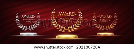 Podium for first, second, third place with laurel, number and text. Gold, silver and bronze ranks on stage on red curtain background. Championship in sport or movie vector illustration.