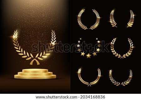 Golden podium with laurels and stars glowing. Gold stage with glitter and light smoke on dark background set. Hollywood fame in film and cinema or championship in sport vector illustration.