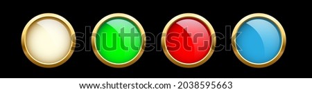 White, green, red, blue circles with golden frame line set. Round electric button shapes. Geometric fashion design vector illustration. Abstract art decoration on black background.