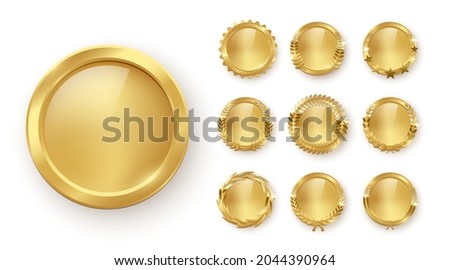 Gold medal with laurel wreath, circle award set vector illustration. 3d golden winner abstract badge, medallion for champion, shiny trophy prize design of circle shape collection isolated on white