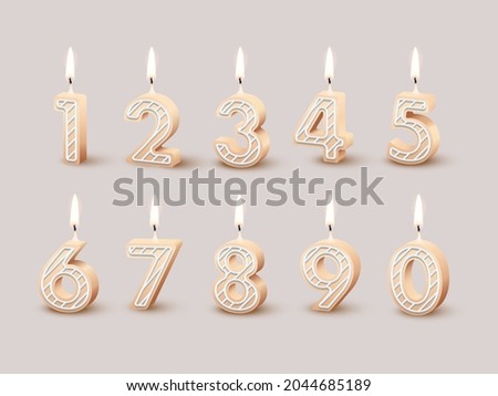 Birthday number candles for anniversary party cake vector illustration. 3d candlelight fire design for birthday event celebration text, cute figure candles with icing for dessert decoration collection