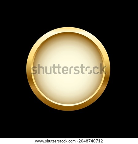 White button in round gold frame vector illustration. 3d realistic shiny metal golden circle ring on green push click button for website, abstract badge element design isolated on black background