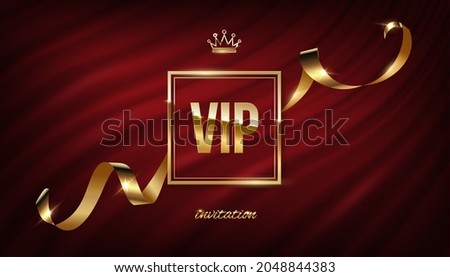VIP golden square frame invitation with wavy silk ribbon on curtain vector illustration. Realistic 3d exclusive premium gold certificate with vip text, privilege of membership on red fabric background