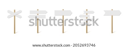 Direction sign post with arrow set vector illustration. Realistic 3d choice signpost to choose road or street, blank signboard pointer with wooden pole template collection isolated on white background Stockfoto © 