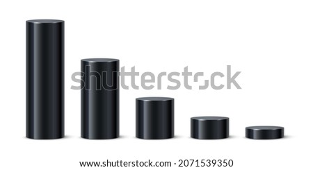 Black 3d cylinder vector illustration. Realistic pedestal podiums of circle geometric shape stand with perspective, blank circular platform or stage for product, diagram graph for presentation