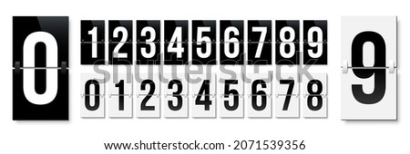 Flip board style numbers vector illustration. Airport terminal, arrival board with numbers template. Realistic flip scoreboard, analog timetable or countdown symbols. Flight destination display.