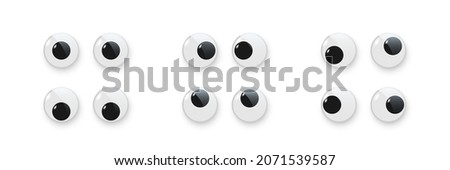 Toy eyes set vector illustration. Wobbly plastic open eyeballs of dolls looking up, down, left, right, crazy round parts with black pupil collection isolated on white background.