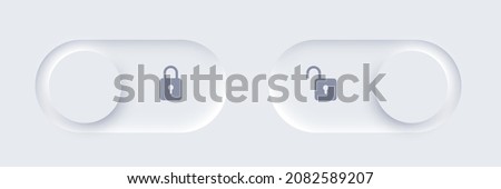 Neumorphic lock and unlock slide buttons set vector illustration. User web interface elements with shadow in Neumorphism minimal elegant design, open and closed padlock on sliders of website menu