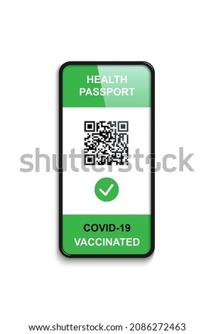 Certificate of vaccine from corona on cell phone screen vector illustration. Green pass in covid passport, smartphone app about vaccination proof with QR code for safe travel isolated on white