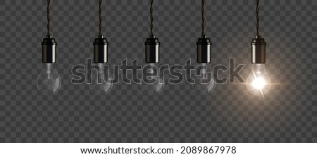 Light bulbs hang from ceiling vector illustration. Realistic 3d glass electric lamps with one bright lightbulb glowing, symbol of creative innovation, energy of inspiration on transparent background