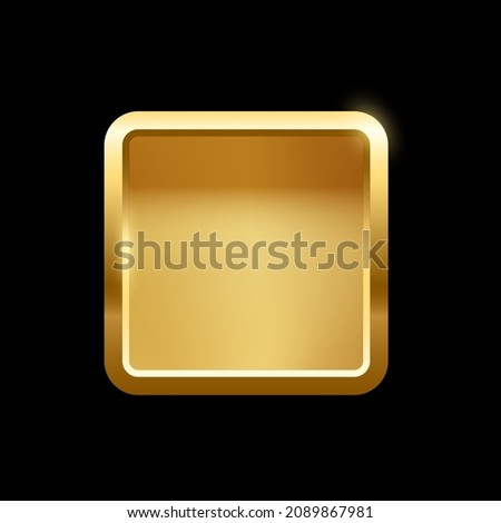 Gold rounded square button with frame vector illustration. 3d golden glossy elegant design for empty emblem, medal or badge, shiny and gradient light effect on plate isolated on black background