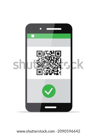 Certificate of vaccine from corona on cell phone screen vector illustration. Green pass in covid passport, smartphone app about vaccination proof with QR code for safe travel isolated on white