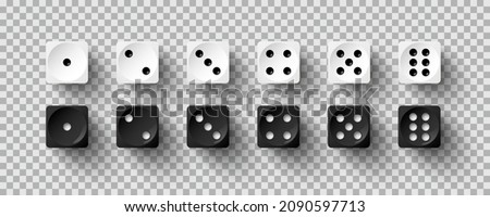 Dice game with white and black cubes vector illustration. 3d realistic gambling objects to play in casino, dice from one to six dots and rounded edges design isolated on transparent background