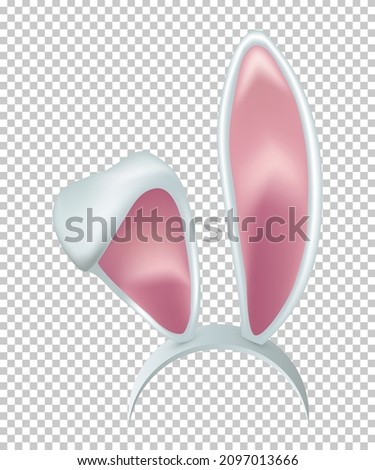 Rabbit ears realistic 3d vector illustration. Easter bunny ears kid headband, mask. Hare costume white and pink element. Photo editor, booth, video chat app isolated on transparent background.