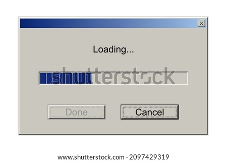 Retro download bar, alert window on computer monitor with loading message vector illustration. Classic style of upload progress in old system user interface, warning pixel website design with buttons