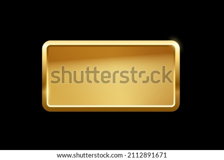 Gold rcangle button with frame vector illustration. 3d golden glossy elegant design for empty emblem, medal or badge, shiny and gradient light effect on plate isolated on black background