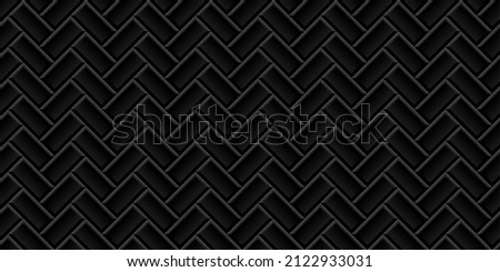 Metro black tiles with herringbone pattern vector illustration. 3d subway diagonal seamless texture, modern ceramic bricks on wall, mosaic apron for kitchen or bathroom interior, tiled pavement